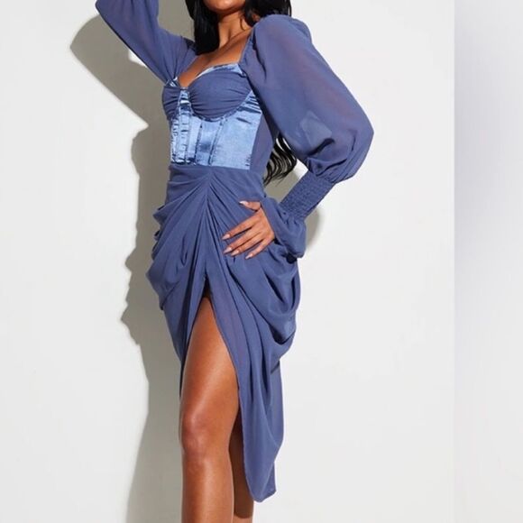 PrettyLittleThings Mineral Blue Satin Insert Chiffon Midi Dress 12 NWT IN PKG - Picture 2 of 6